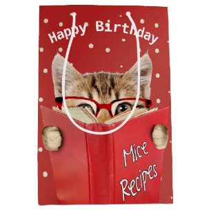 Cat with Glasses and Red Book Birthday  Medium Gift Bag