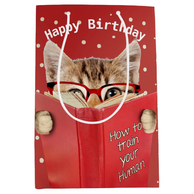 Cat with Glasses and Red Book Birthday   Medium Gift Bag (Front)