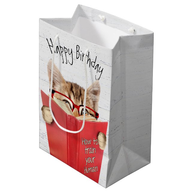 Cat with Glasses and Red Book Birthday Medium Gift Bag (Front Angled)