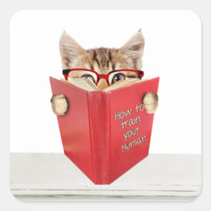 Cat with Glasses and Red Book Square Sticker