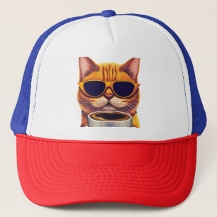 cat with glasses drinking coffee trucker hat
