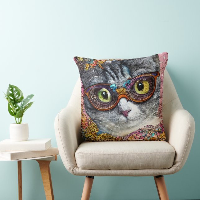 Cat With Glasses Throw Pillow (Chair)