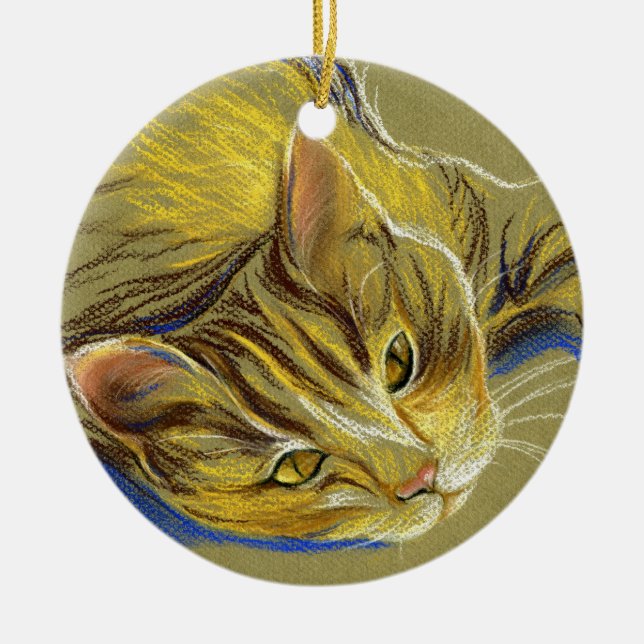 Cat with Gold Eyes - Pastel Drawing Ceramic Ornament (Front)