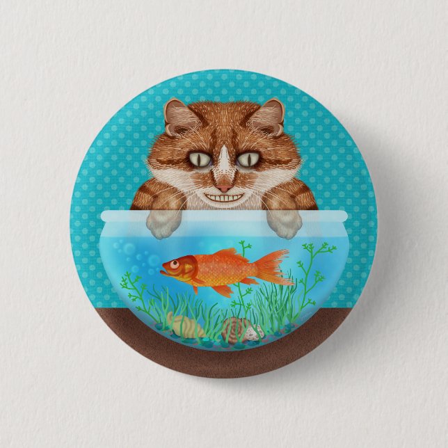 Cat with Goldfish Bowl Funny Hungry Grinning Kitty 2 Inch Round Button (Front)