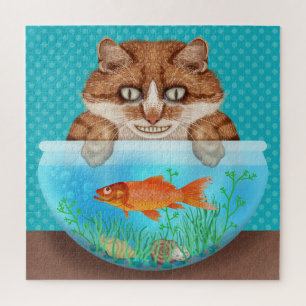 Cat with Goldfish Bowl Funny Hungry Grinning Kitty Jigsaw Puzzle