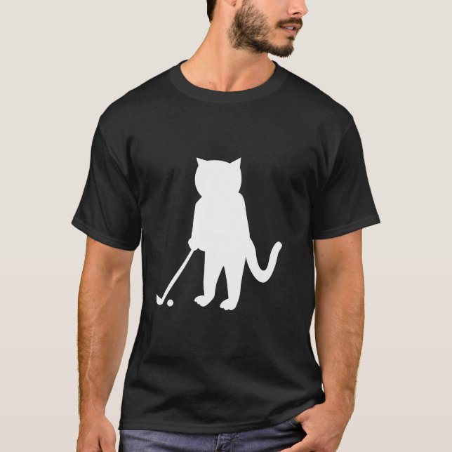 Cat with golf club in front of tee silhouette (Front)
