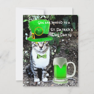 CAT WITH GREEN IRISH BEER ST PATRICK'S DAY PARTY INVITATION