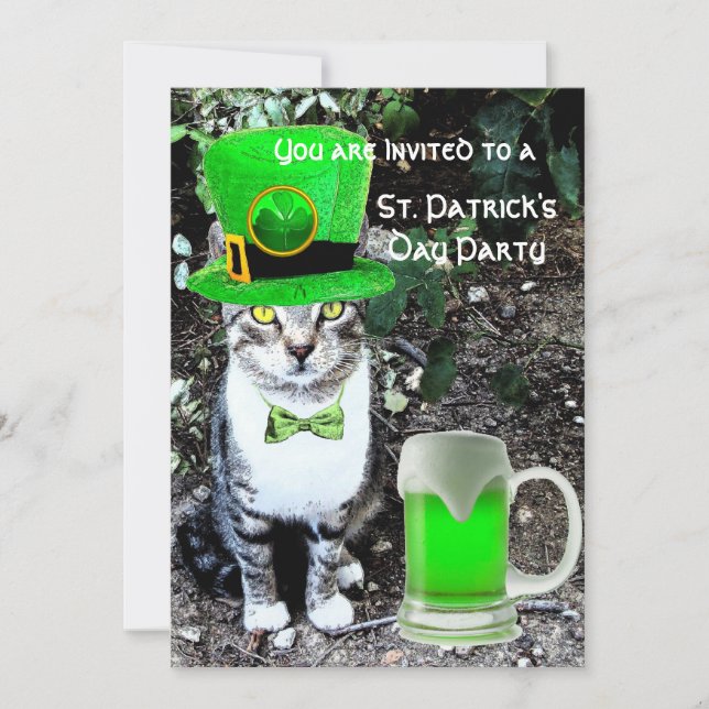CAT WITH GREEN IRISH BEER ST PATRICK'S DAY PARTY INVITATION (Front)