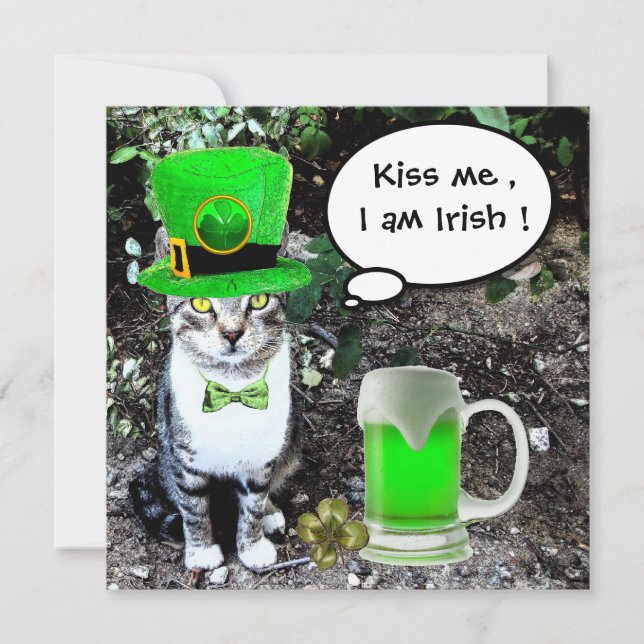 CAT WITH GREEN IRISH BEER ST PATRICK'S DAY PARTY INVITATION (Front)