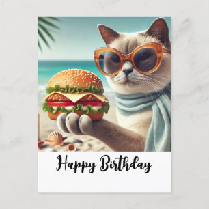 Cat with Hamburger Happy Birthday  Postcard