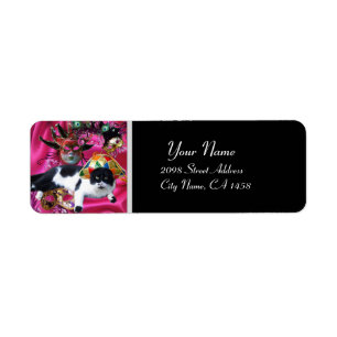 CAT WITH HARLEQUIN HAT AND MASQUERADE PARTY MASKS