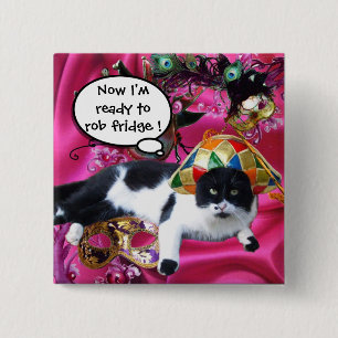 CAT WITH HARLEQUIN HAT AND MASQUERADE PARTY MASKS 2 INCH SQUARE BUTTON