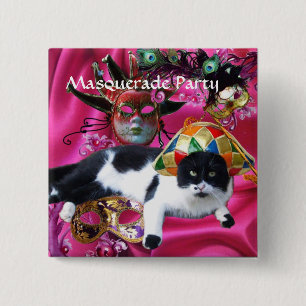 CAT WITH HARLEQUIN HAT AND MASQUERADE PARTY MASKS 2 INCH SQUARE BUTTON