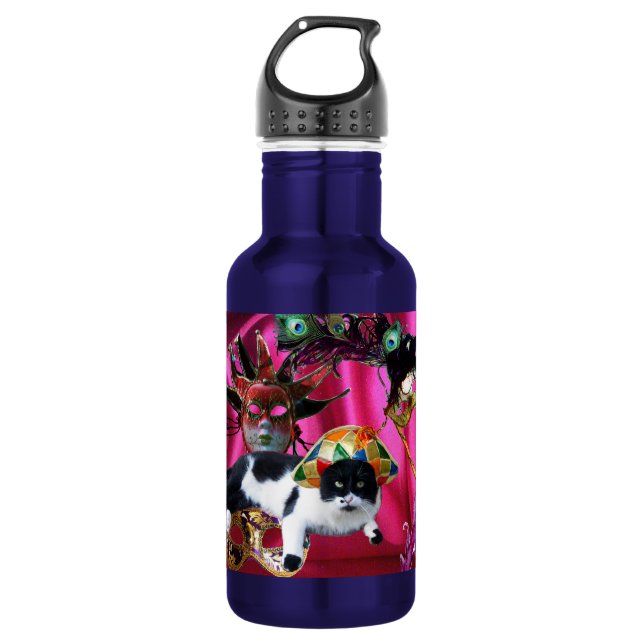 CAT WITH HARLEQUIN HAT AND MASQUERADE PARTY MASKS 532 ML WATER BOTTLE (Front)