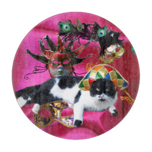 CAT WITH HARLEQUIN HAT AND MASQUERADE PARTY MASKS  CUTTING BOARD
