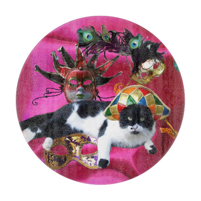 CAT WITH HARLEQUIN HAT AND MASQUERADE PARTY MASKS  CUTTING BOARD (Front)