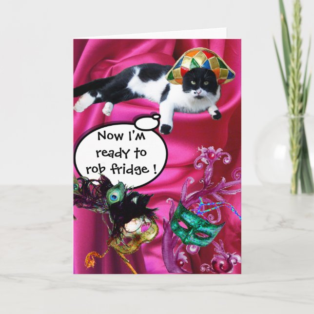 CAT WITH HARLEQUIN HAT AND MASQUERADE PARTY MASKS HOLIDAY CARD (Front)