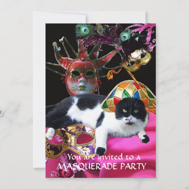 CAT WITH HARLEQUIN HAT AND MASQUERADE PARTY MASKS INVITATION (Front)