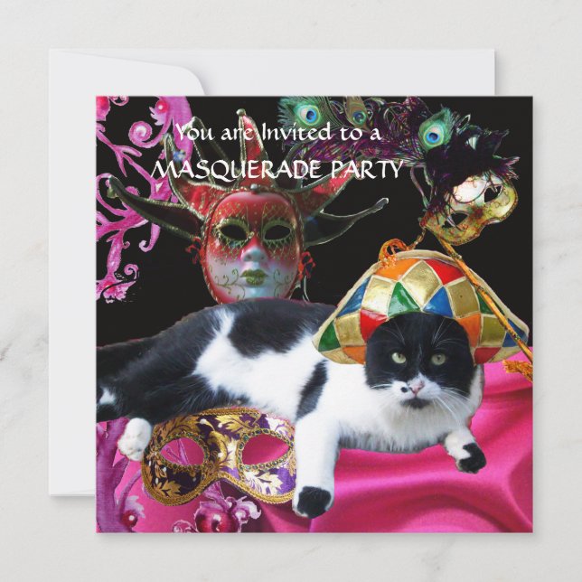 CAT WITH HARLEQUIN HAT AND MASQUERADE PARTY MASKS INVITATION (Front)