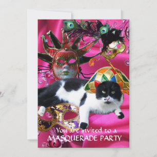 CAT WITH HARLEQUIN HAT AND MASQUERADE PARTY MASKS INVITATION