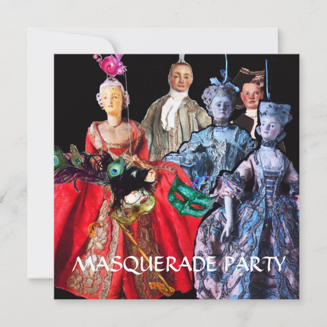 CAT WITH HARLEQUIN HAT AND MASQUERADE PARTY MASKS INVITATION (Front)