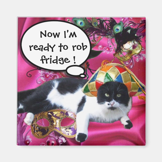 CAT WITH HARLEQUIN HAT AND MASQUERADE PARTY MASKS MAGNET (Front)