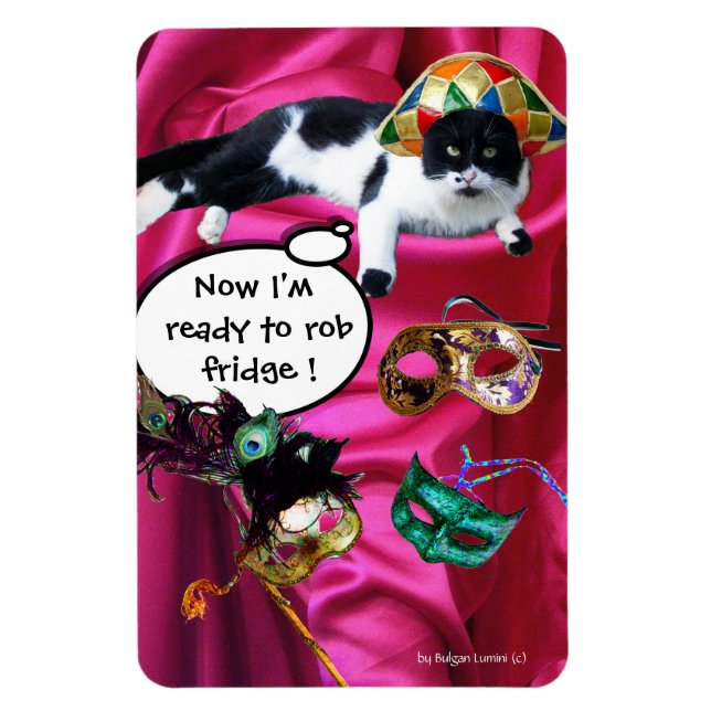 CAT WITH HARLEQUIN HAT AND MASQUERADE PARTY MASKS MAGNET (Vertical)