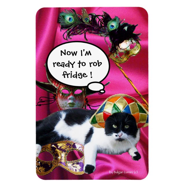 CAT WITH HARLEQUIN HAT AND MASQUERADE PARTY MASKS MAGNET (Vertical)
