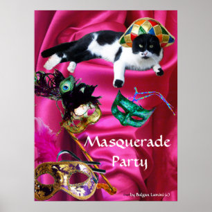 CAT WITH HARLEQUIN HAT AND MASQUERADE PARTY MASKS POSTER