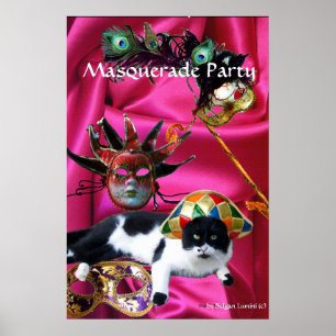 CAT WITH HARLEQUIN HAT AND MASQUERADE PARTY MASKS POSTER
