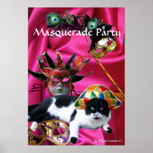 CAT WITH HARLEQUIN HAT AND MASQUERADE PARTY MASKS POSTER