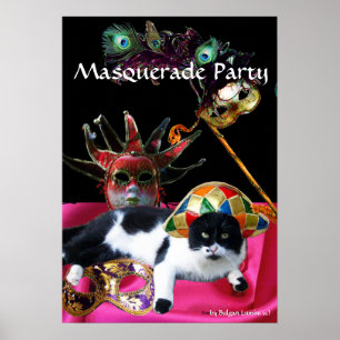 CAT WITH HARLEQUIN HAT AND MASQUERADE PARTY MASKS POSTER