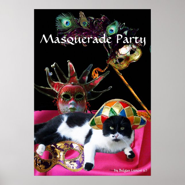 CAT WITH HARLEQUIN HAT AND MASQUERADE PARTY MASKS POSTER (Front)