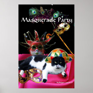 CAT WITH HARLEQUIN HAT AND MASQUERADE PARTY MASKS POSTER