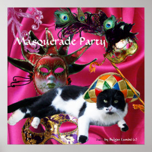 CAT WITH HARLEQUIN HAT AND MASQUERADE PARTY MASKS POSTER