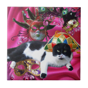 CAT WITH HARLEQUIN HAT AND MASQUERADE PARTY MASKS TILE