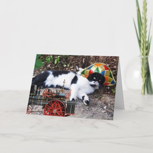 CAT WITH HARLEQUIN HAT WITH STEAM LOCOMOTIVE CARD (Front)