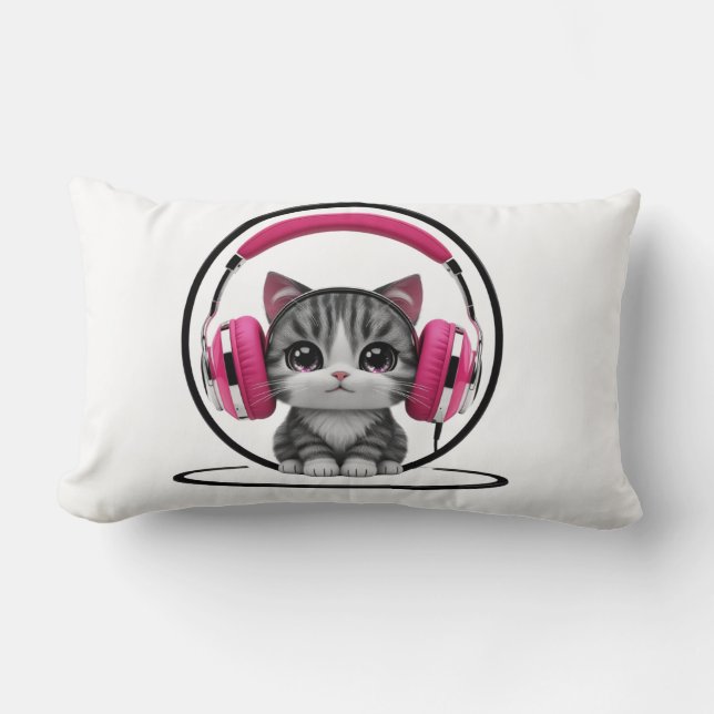 Cat  with headphones lumbar pillow (Front)