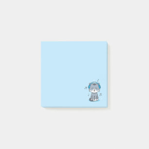 Cat with Headphones Post It Notes / Blue