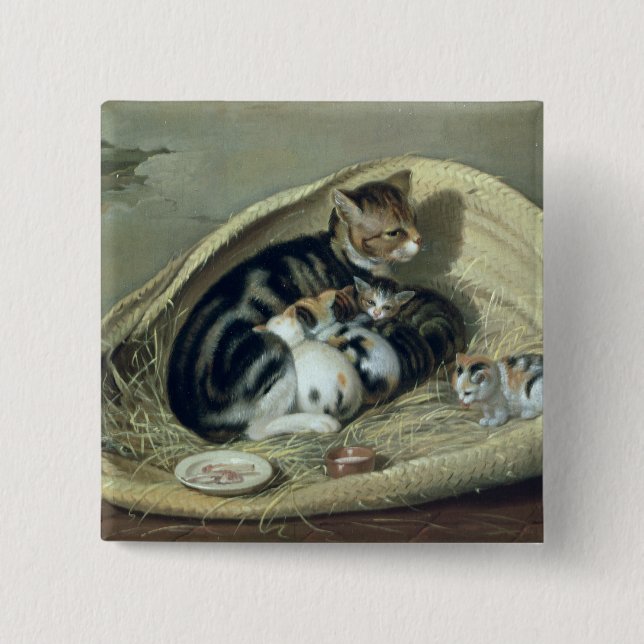 Cat with Her Kittens in a Basket, 1797 2 Inch Square Button (Front)