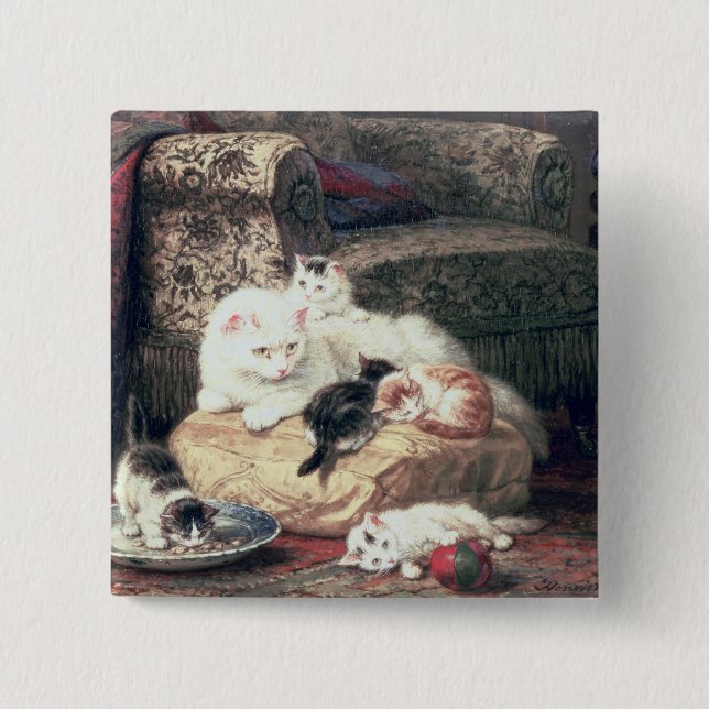 Cat with her Kittens on a Cushion 2 Inch Square Button (Front)