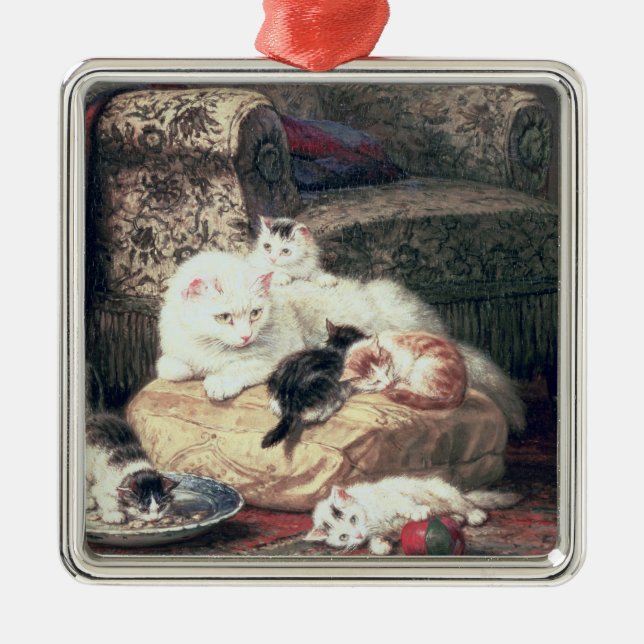 Cat with her Kittens on a Cushion Metal Ornament (Front)