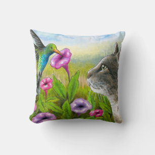 Cat with Hummingbird 591 Throw Pillow