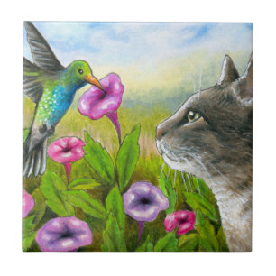 Cat with Hummingbird 591 Tile