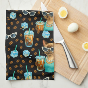 Cat with Ice Coffee for Siamese Cat Lovers Kitchen Towel