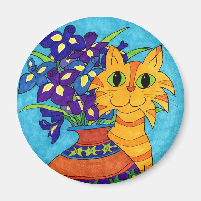 Cat with Irises in Talavera Vase Magnet (Front)