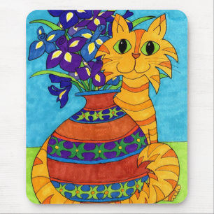 Cat with Irises in Talavera Vase Mouse Pad