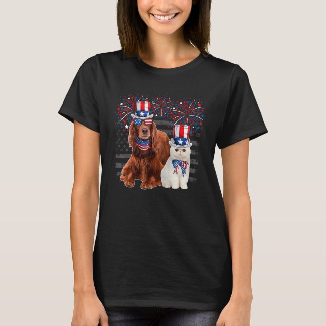 Cat With Irish Setter Sunglasses American Flag 4th T-Shirt (Front)