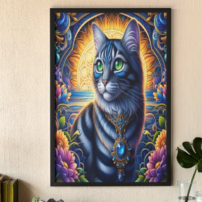 Cat with jewels in vibrant fantasy garden poster (Creator Uploaded)