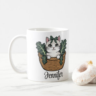 Cat with Kale in Basket Personalized name Coffee Mug